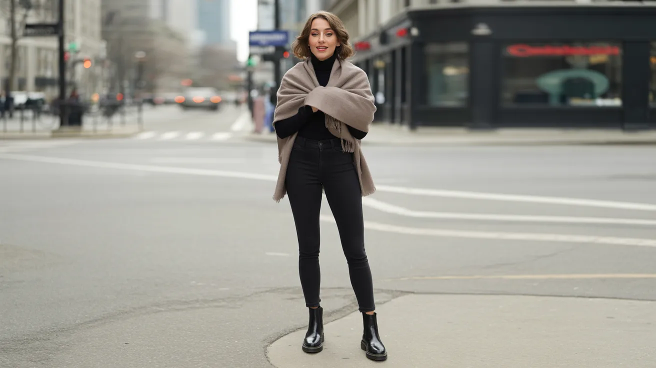 A woman in black pants and a coat stands on the street, looking ahead with a neutral expression.