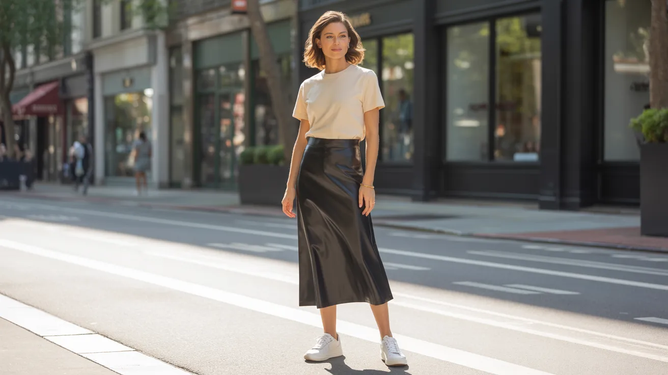 A woman wearing a black leather skirt paired with white sneakers stands confidently.