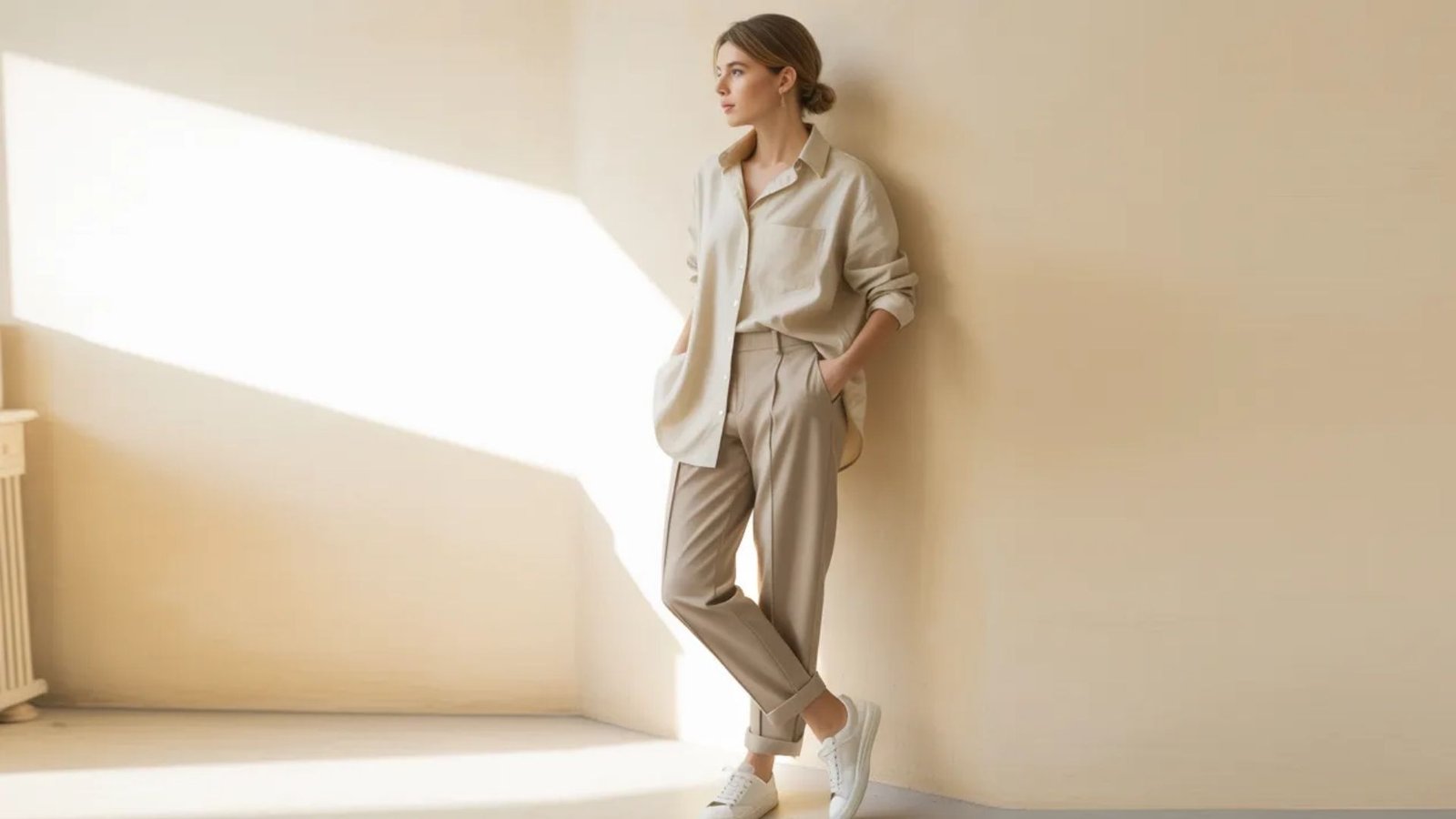 A woman in a beige shirt and pants leans against a wall, appearing relaxed and contemplative.