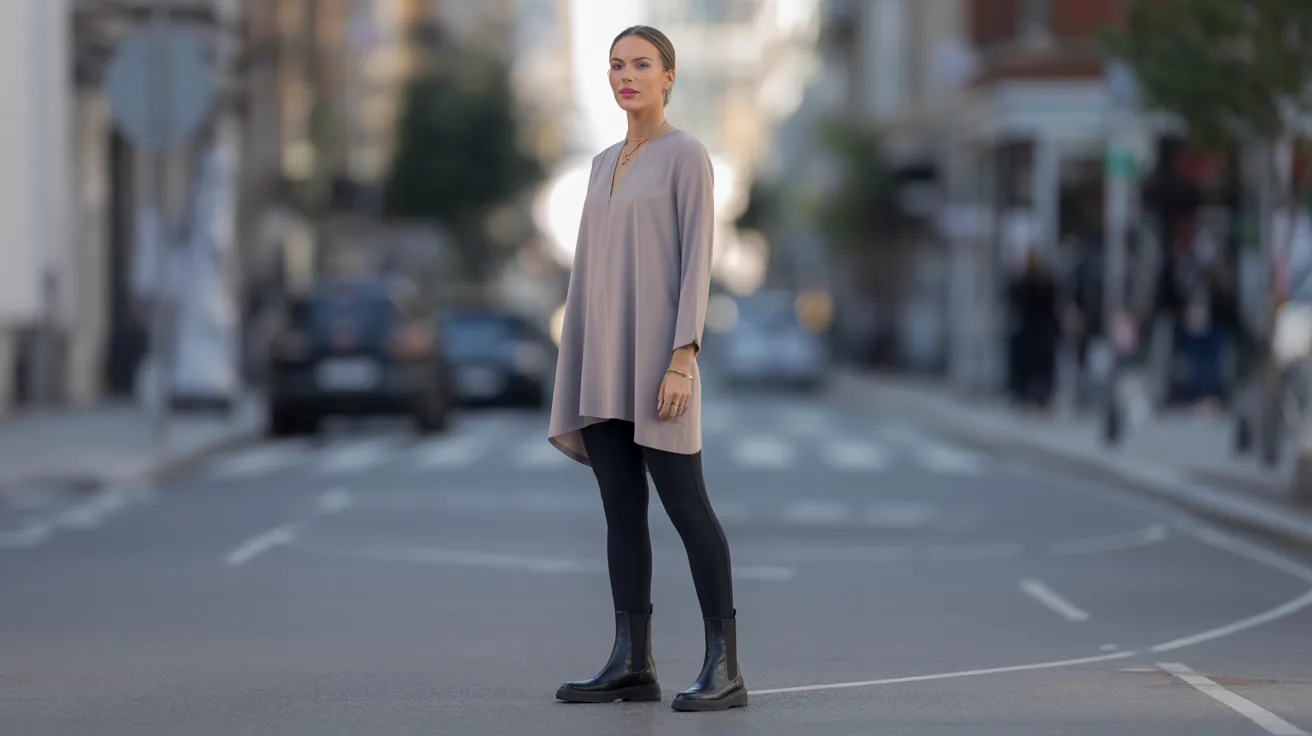 A woman in a gray sweater and black boots stands on a street, looking confidently at the camera.