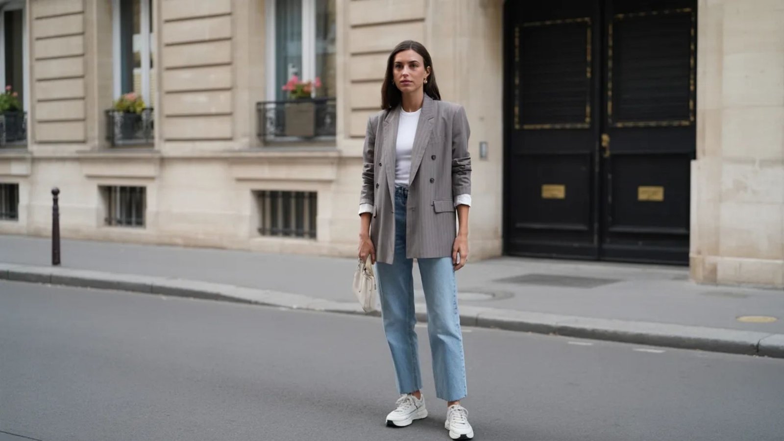 A woman in a grey blazer and jeans stands confidently on a city street, surrounded by urban scenery.