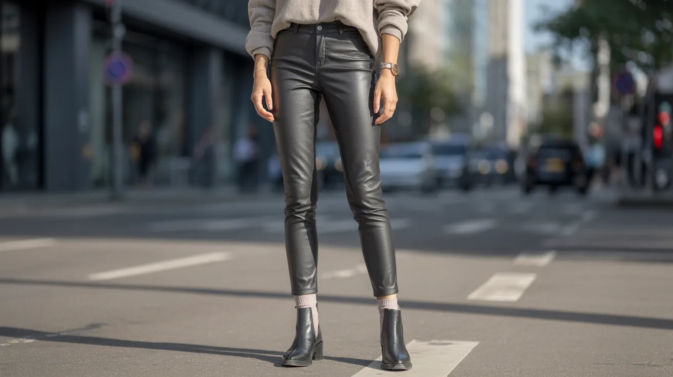 A woman wearing black leather pants and boots stands confidently on a bustling city street.