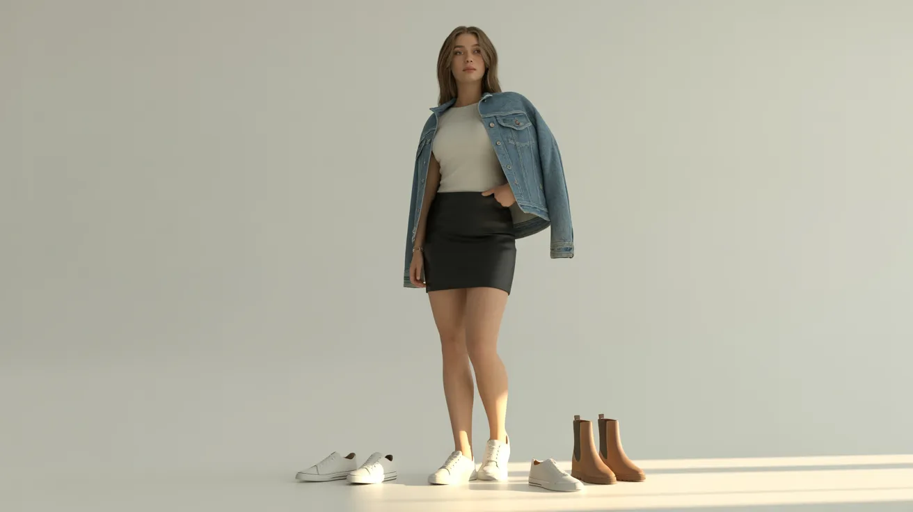 A woman in a skirt and jacket stands beside a pair of stylish shoes, showcasing a fashionable outfit choice.