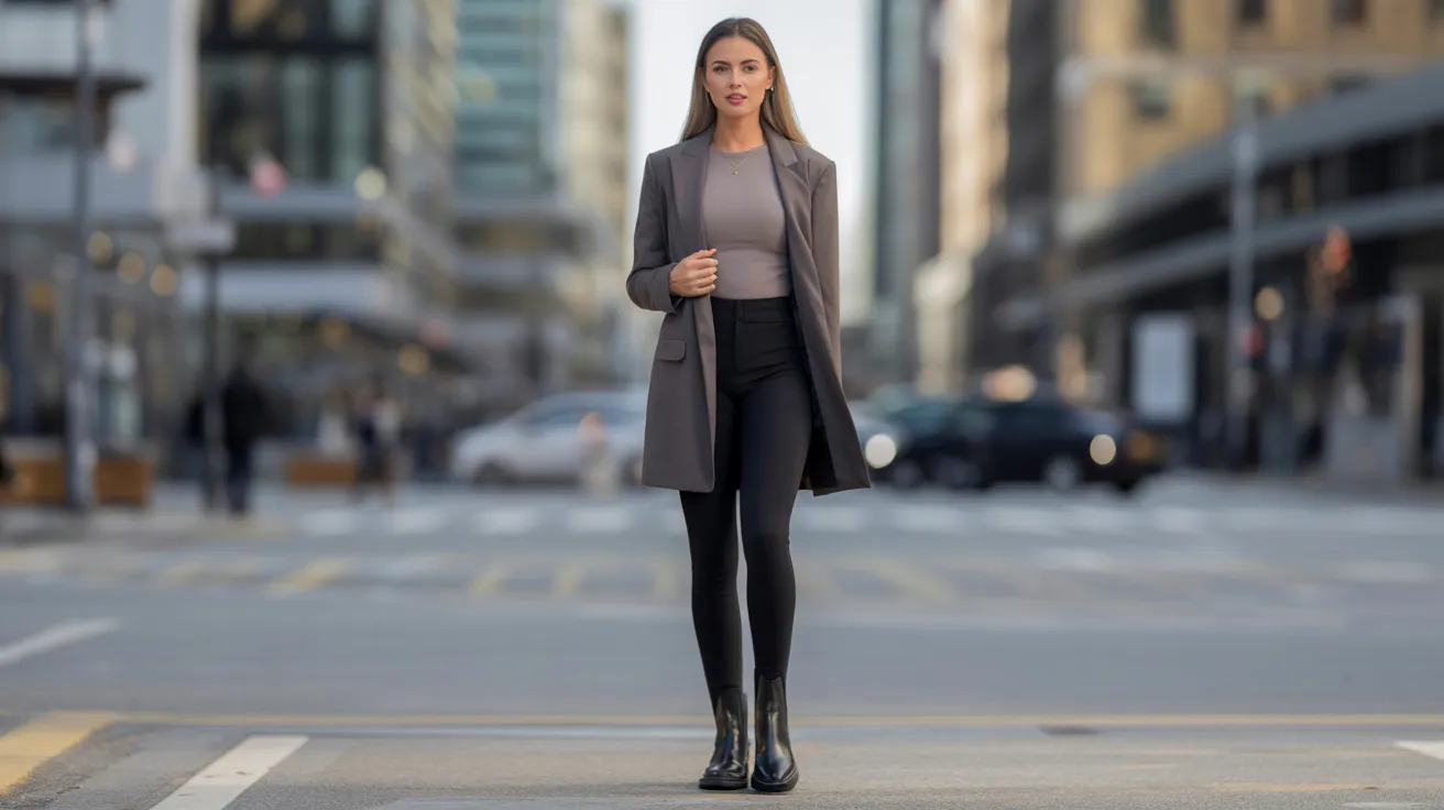 A woman wearing a coat and pants stands confidently on a city street, surrounded by urban scenery.