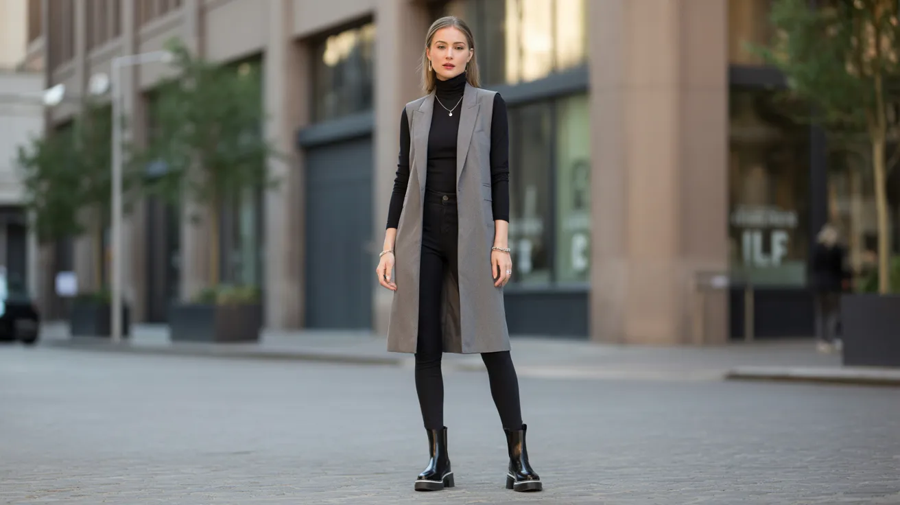 A woman wearing a black turtleneck sweater and black pants stands confidently, showcasing a sleek, monochromatic outfit.
