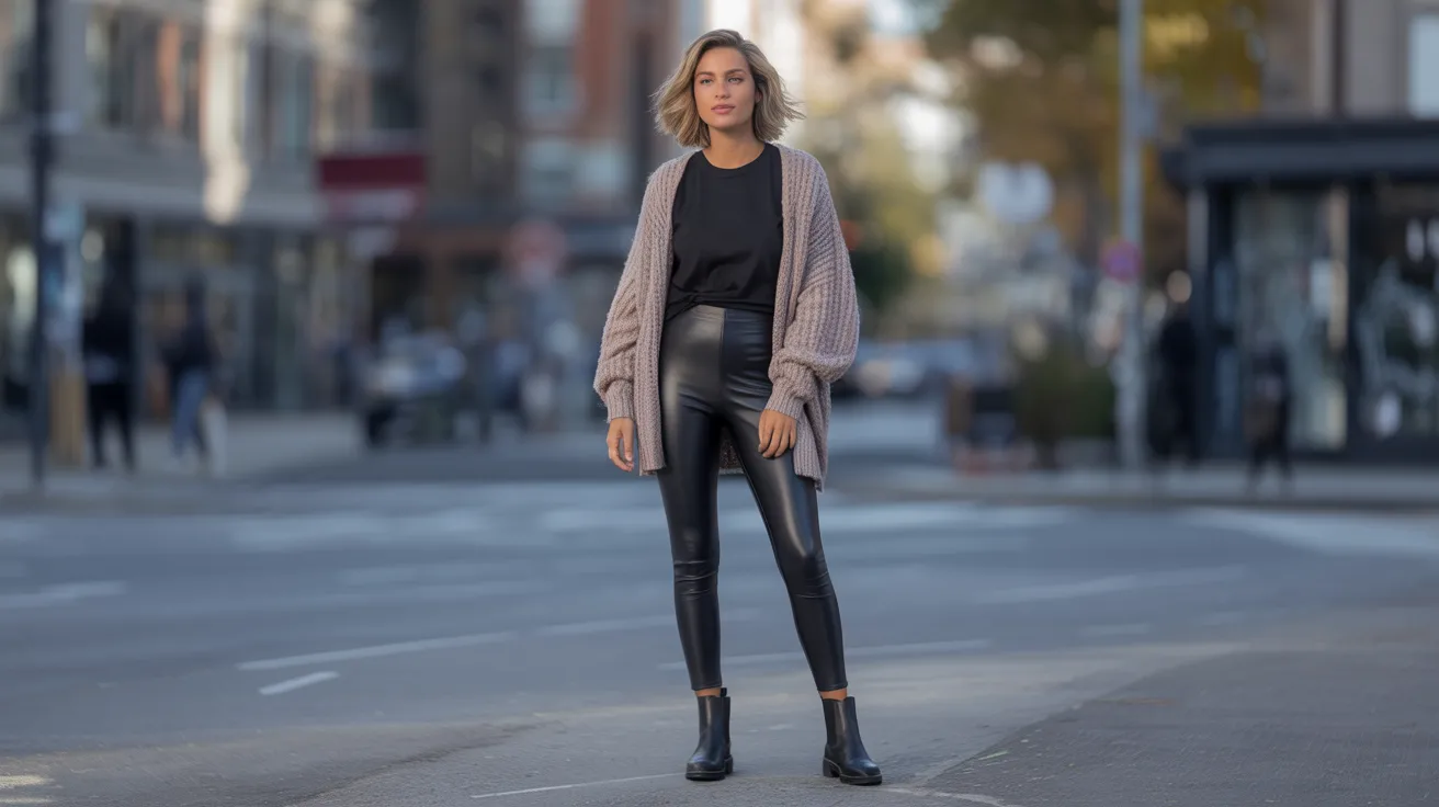 . A woman in black leather pants and a sweater stands confidently on a bustling city street.
