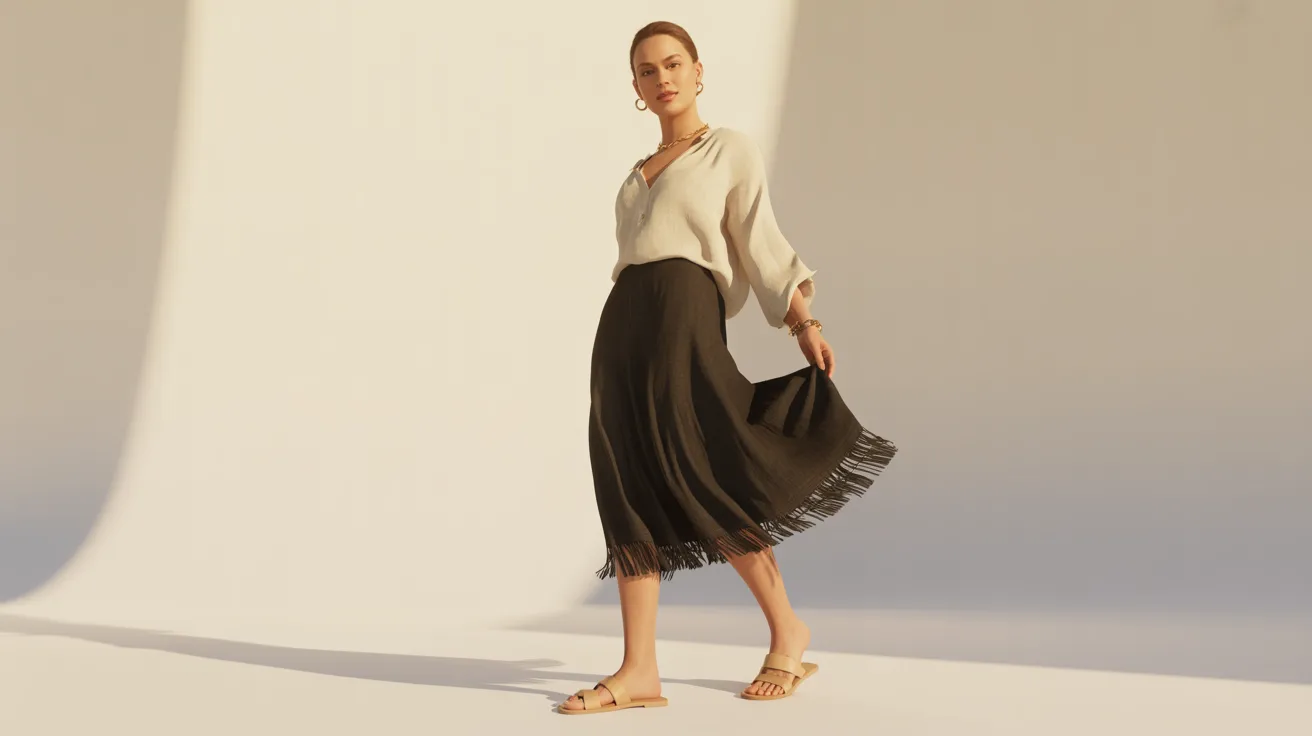 . A woman wearing a white shirt and skirt is walking gracefully in an outdoor setting.