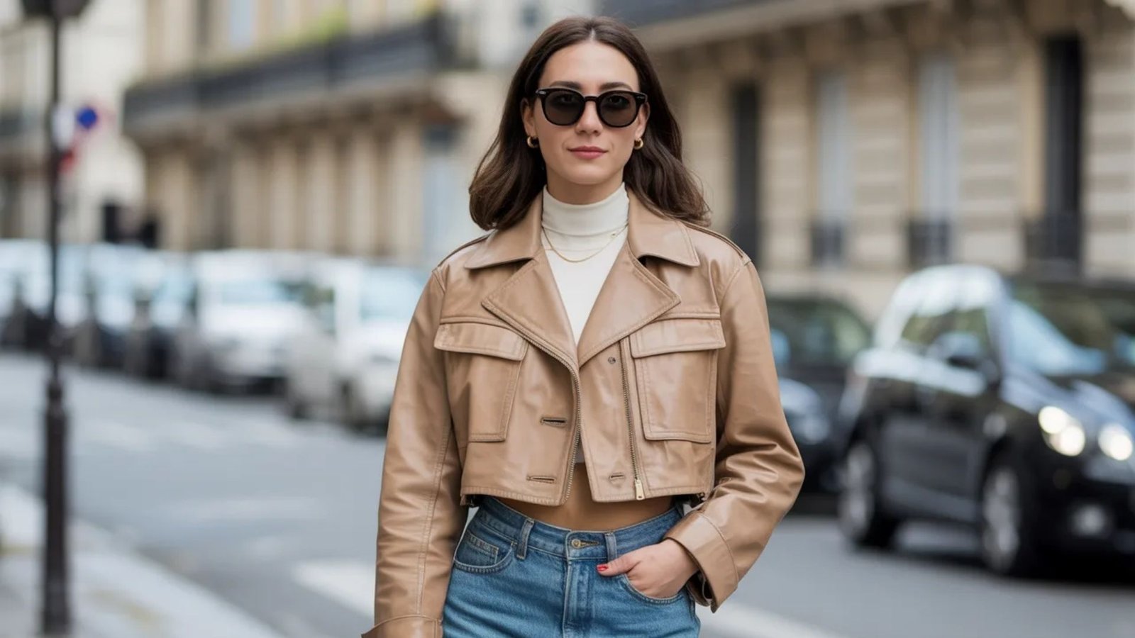 A woman wearing a tan leather jacket and jeans stands confidently, showcasing a casual yet stylish outfit.