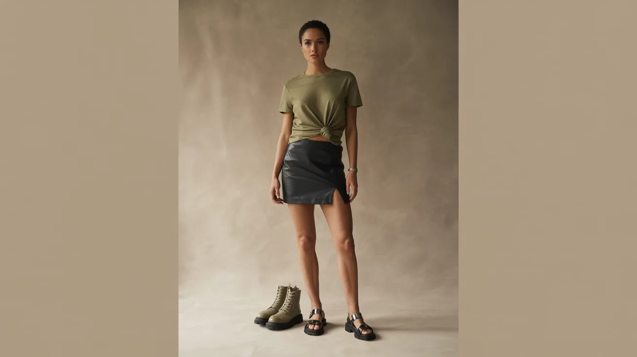 A woman wearing a green shirt and a black skirt stands confidently, showcasing her stylish outfit.