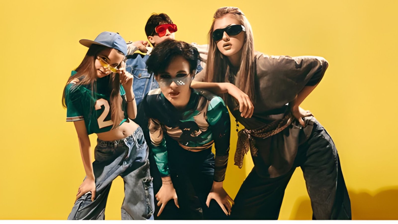 Three young people in jeans and sunglasses smiling and posing together for the camera outdoors.