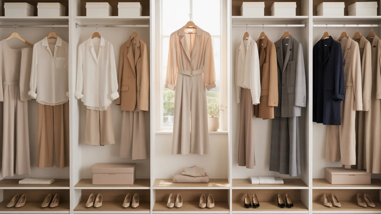 A closet filled with various clothes and shoes organized on shelves and hanging rods.