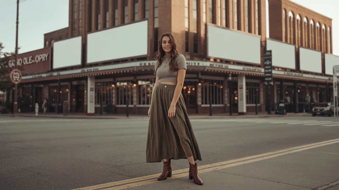 A woman wearing a skirt and boots stands confidently on a city street, surrounded by urban scenery.