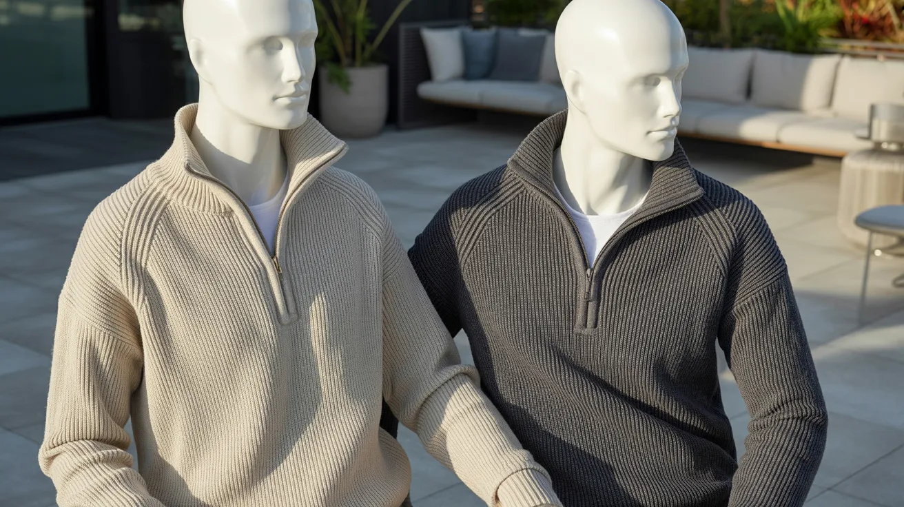 Two mannequins in colorful sweaters stand side by side, holding hands in a display setting.