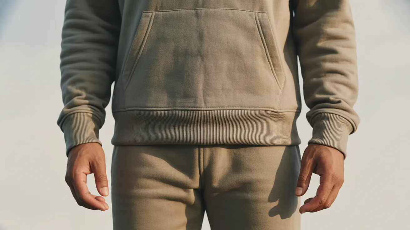 A man dressed in a tan hoodie and matching sweatpants stands casually.