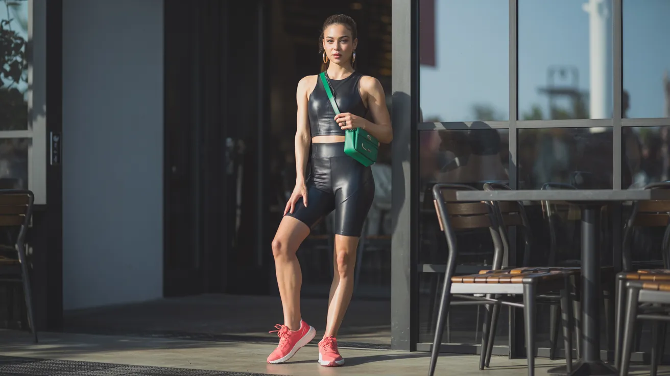 A woman in a black sports bra and shorts stands outside a restaurant, smiling and enjoying the sunny day.