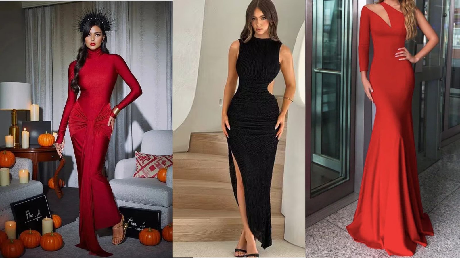 Four distinct styles of red and black dresses displayed together, showcasing various designs and patterns.