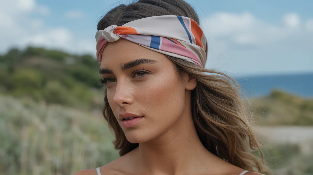 A woman with a headband smiles while standing on the beach, with waves and a clear sky in the background.