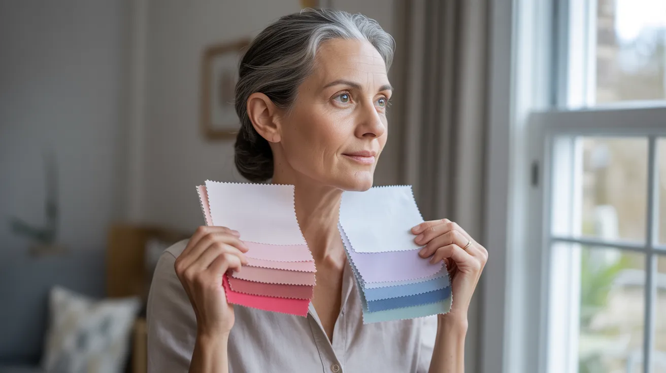 A woman displaying a color swatch, showcasing various shades for selection or design purposes.
