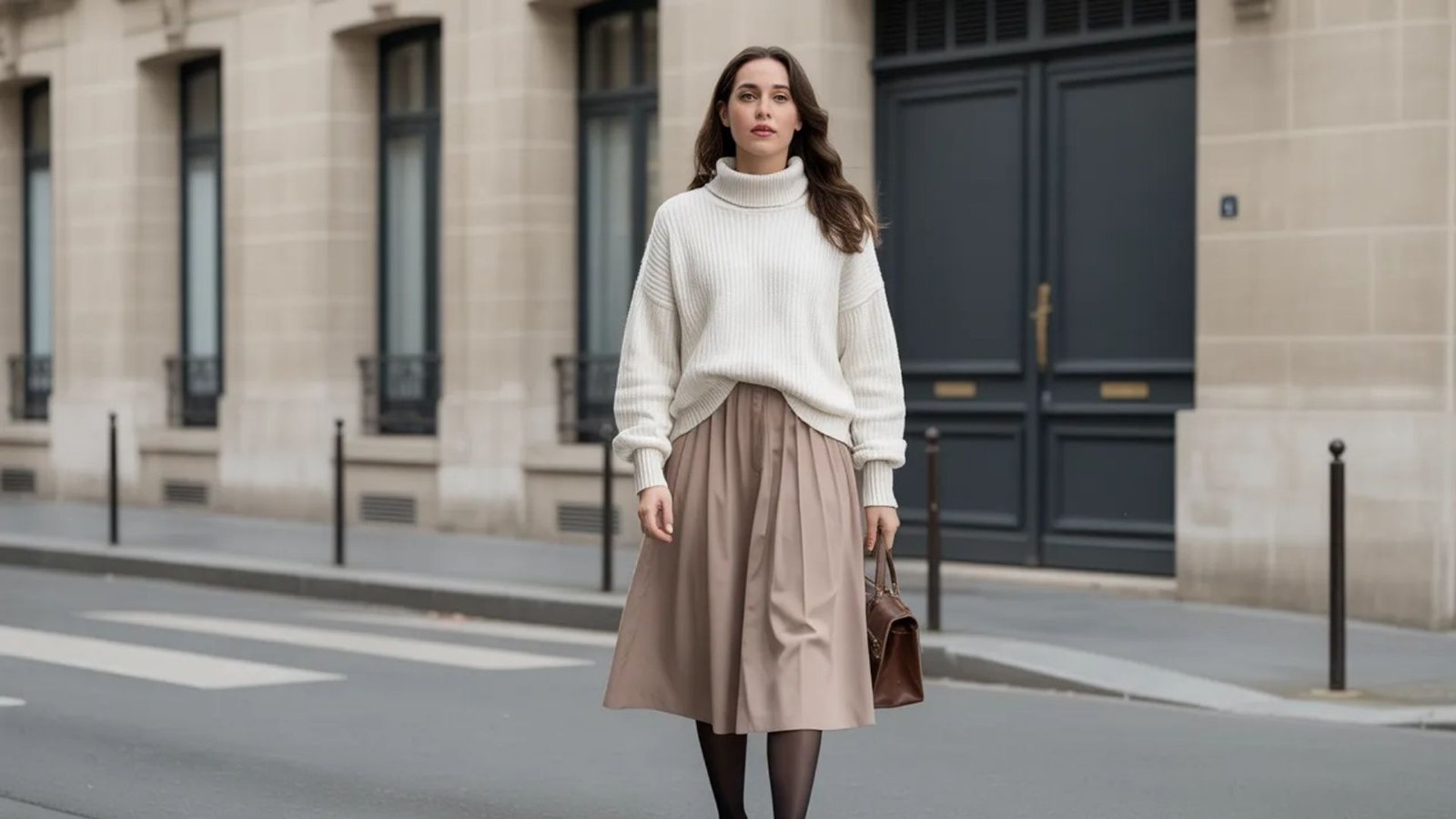 A woman in a white sweater and skirt walks down the street, surrounded by urban scenery.