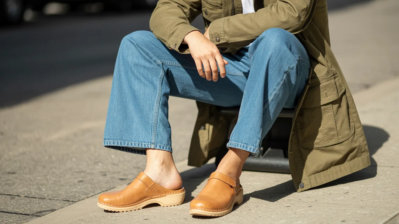 A woman in a green jacket and jeans sits on the sidewalk, looking thoughtfully ahead.