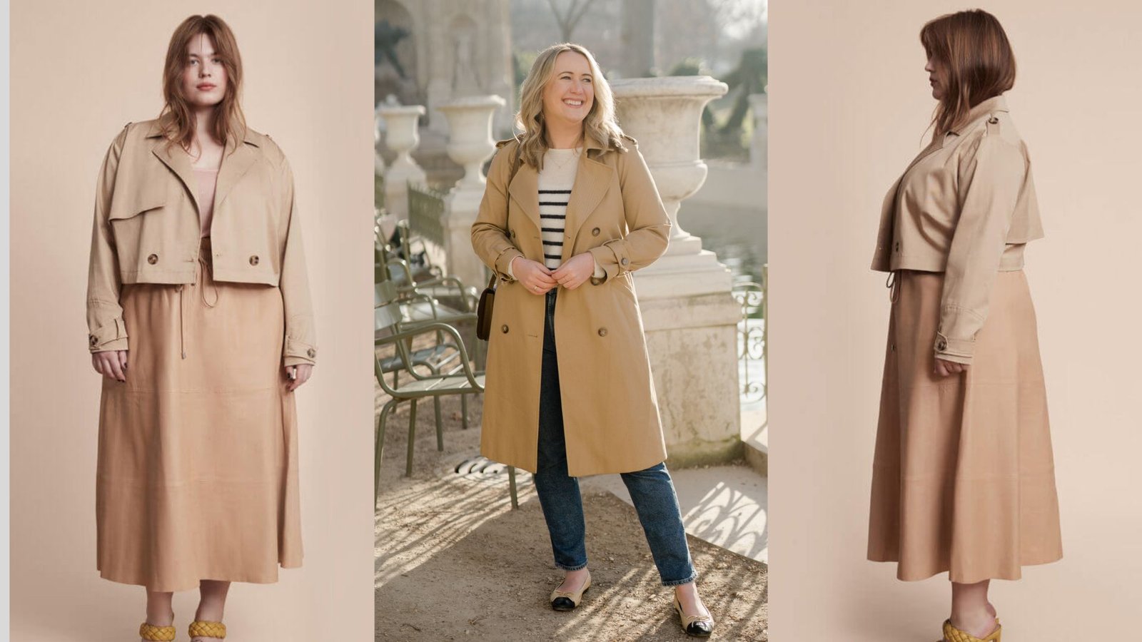 Three images of women showcasing various styles of trench coats in different settings.