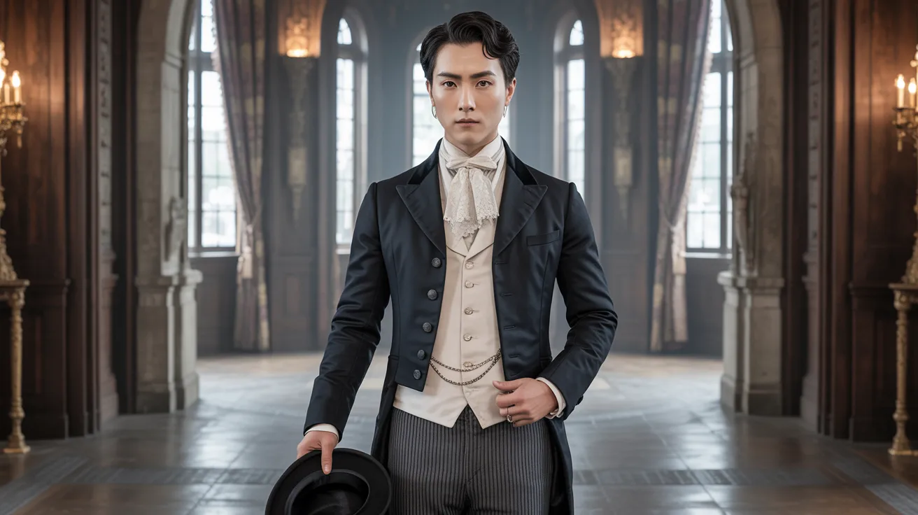 A man wearing a top hat and formal suit poses in an elegantly decorated room.
