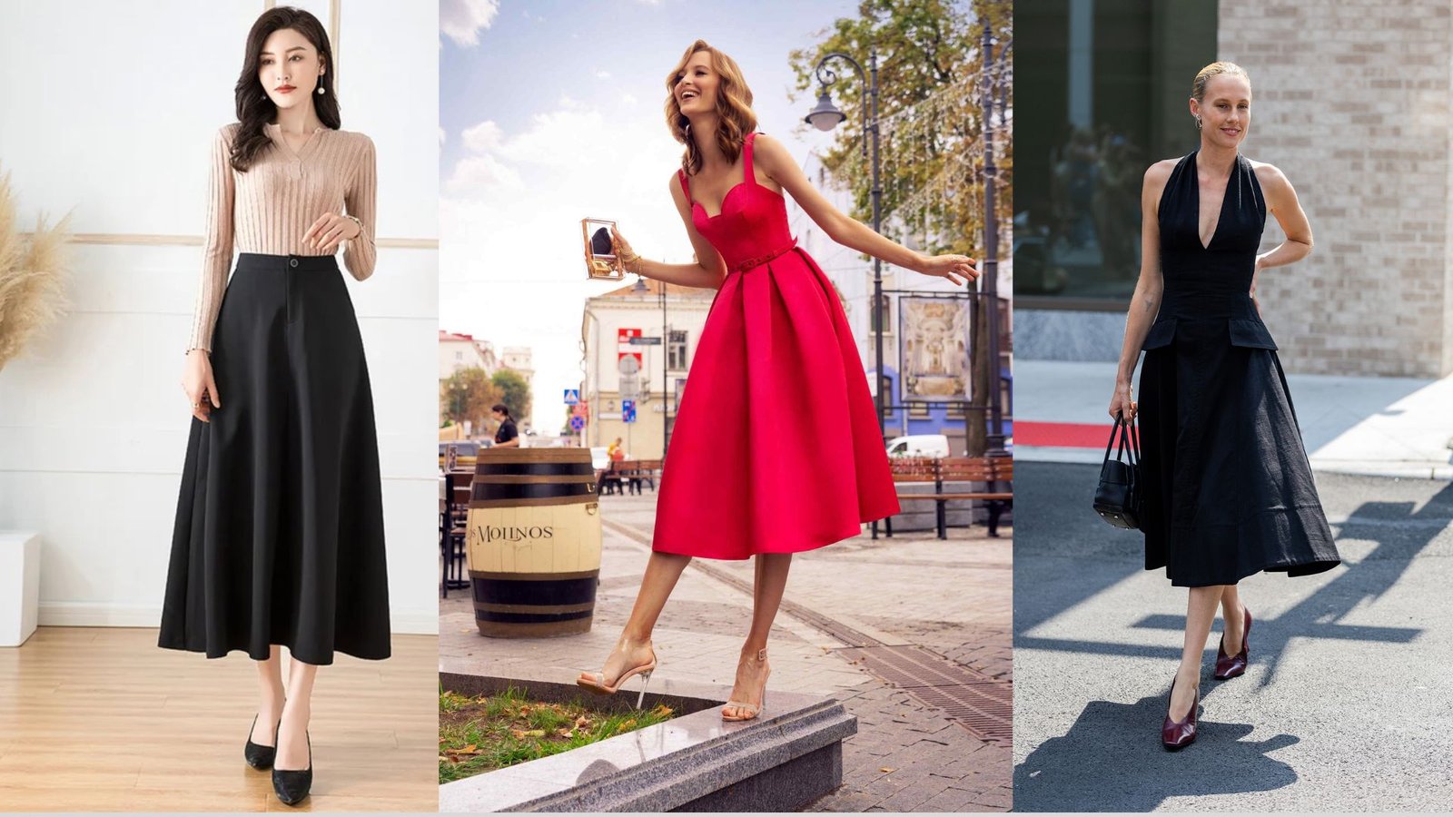 images of women showcasing various dress styles, highlighting different colors and designs.
