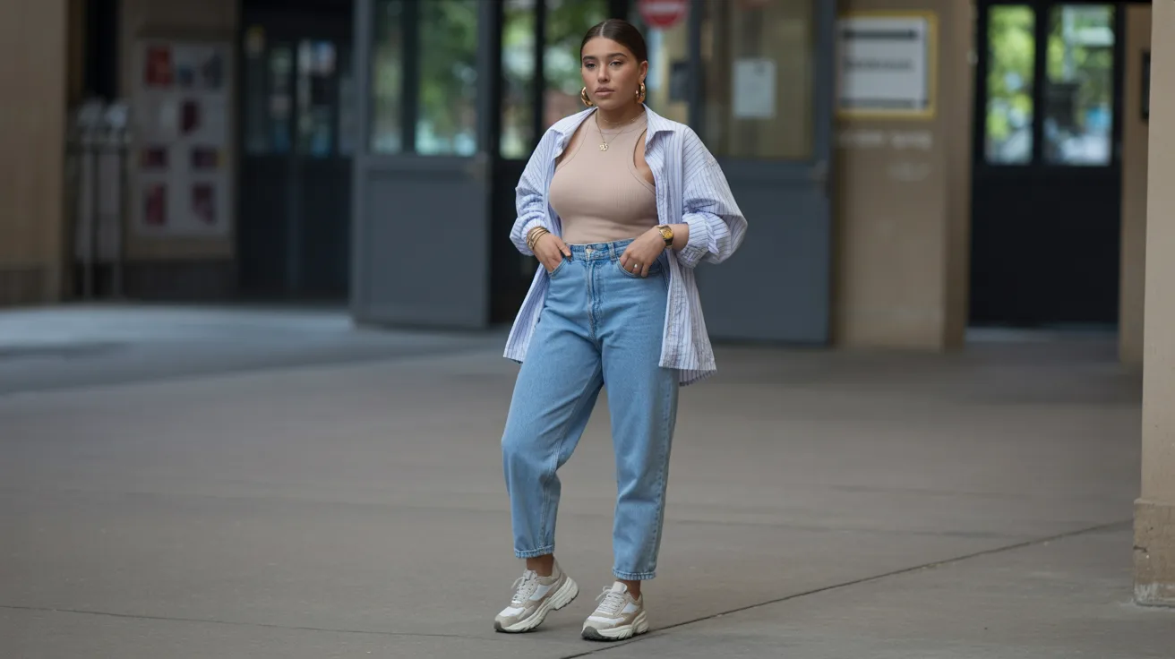 A woman wearing blue jeans and a shirt stands on the sidewalk, looking ahead with a neutral expression.