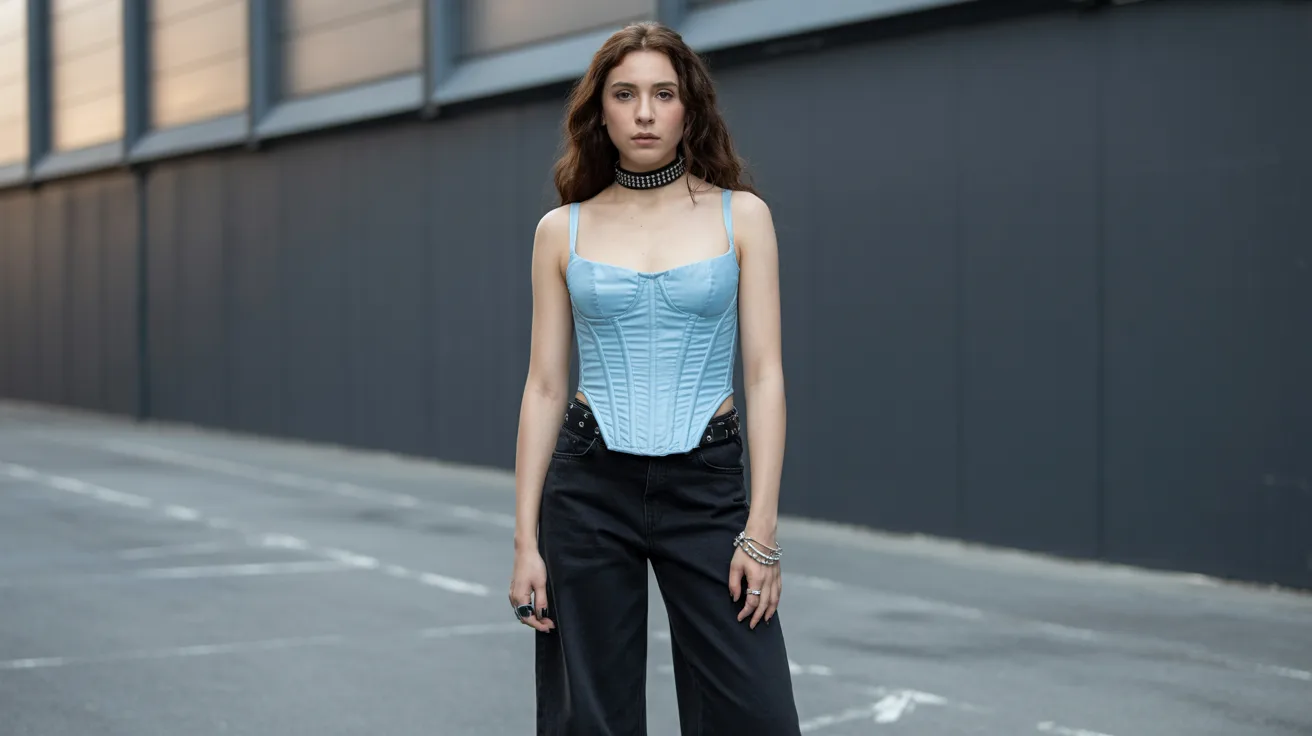 A woman wearing a blue corset paired with black pants, posing confidently against a neutral background.