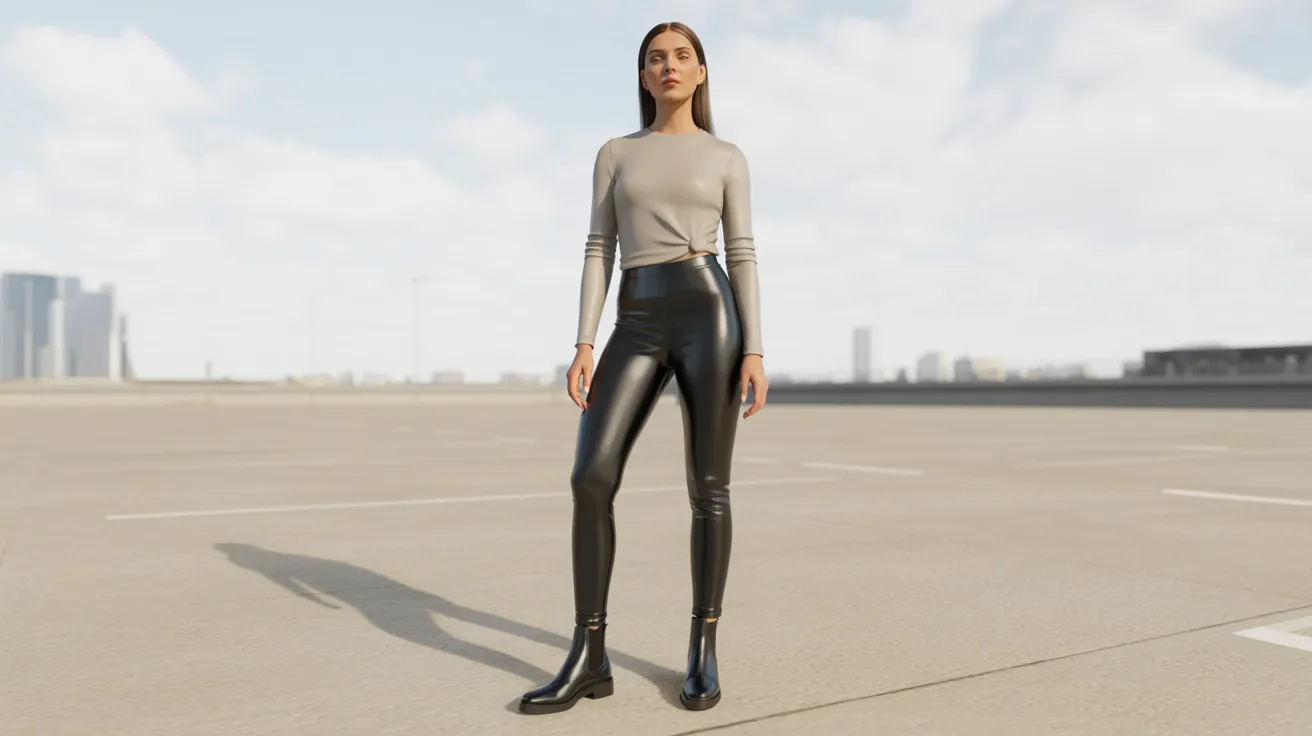 A woman in black leather pants poses in a parking lot, showcasing her stylish outfit.
