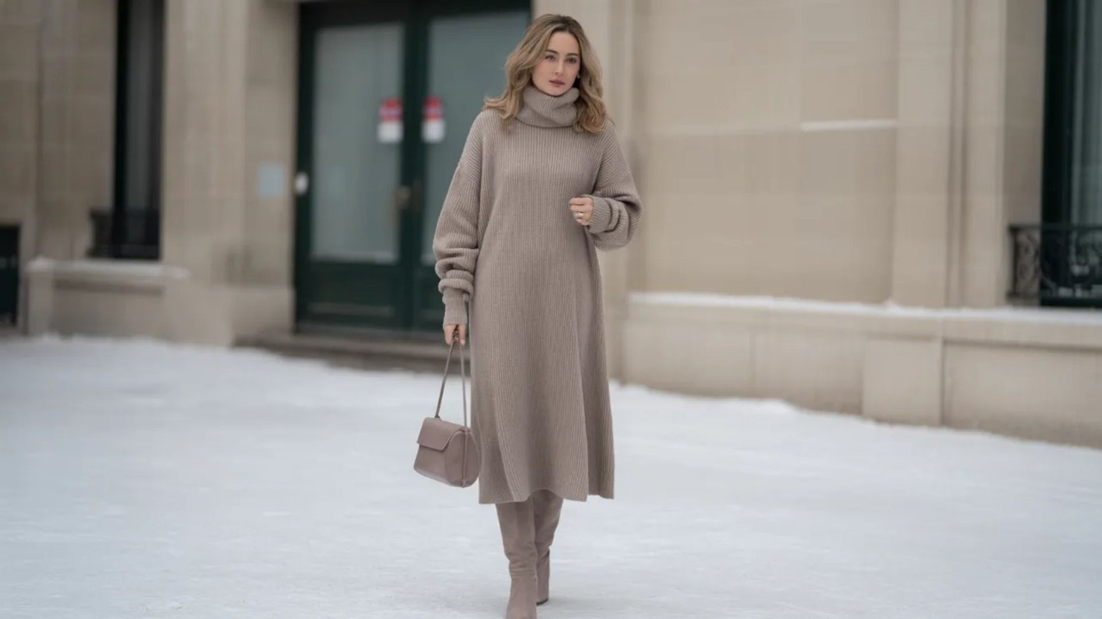 A woman in a beige sweater dress and boots stands in the snow, surrounded by a winter landscape.