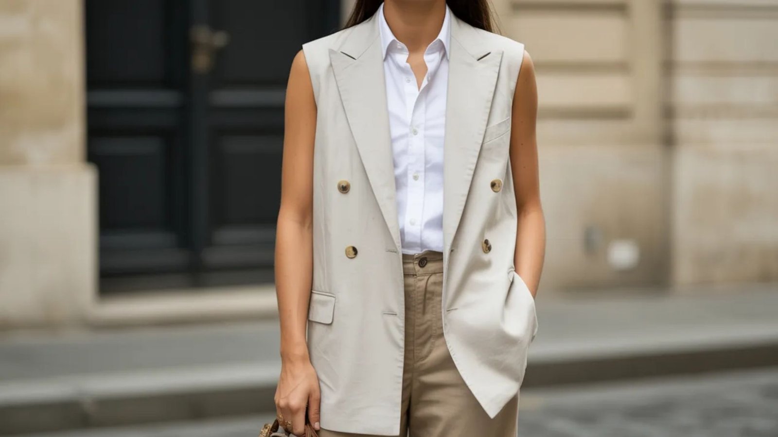 A woman wearing a white shirt and tan pants stands confidently, showcasing a casual yet polished look.