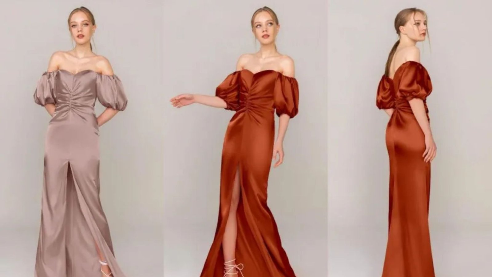 Four models showcase dresses in various colors, highlighting different styles and designs.