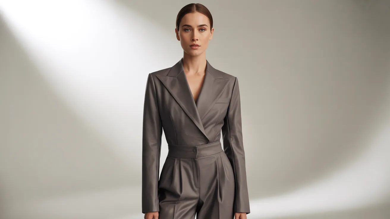 woman wearing a grey suit and heels stands confidently, showcasing a professional appearance.