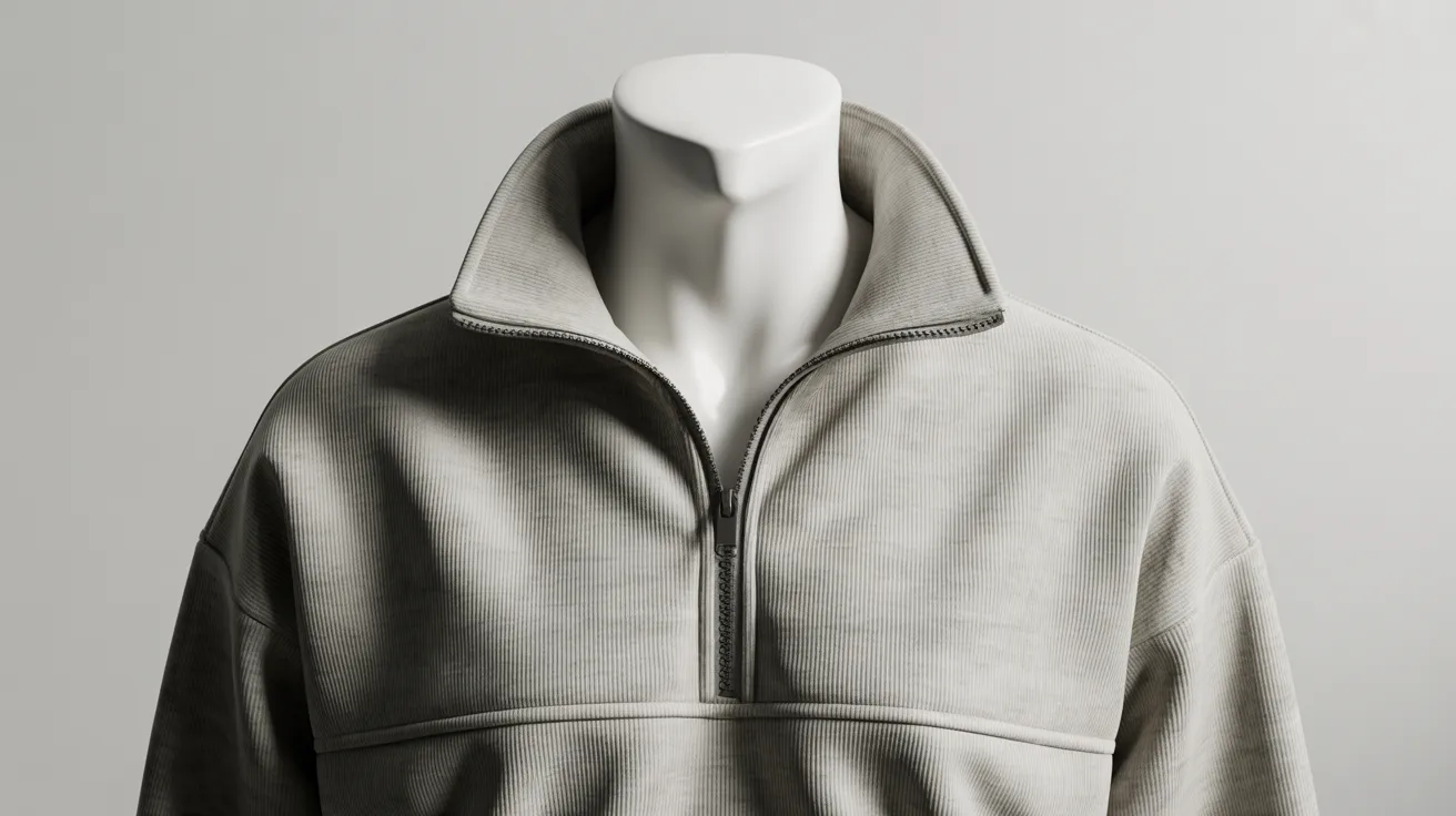 A mannequin dressed in a grey sweatshirt stands against a neutral background.