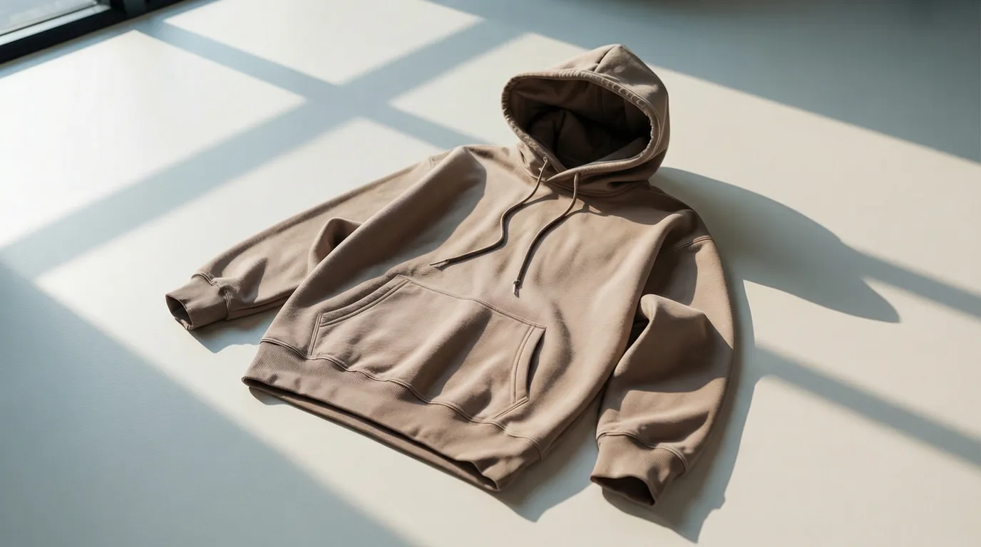 A brown hoodie is laid out flat on a wooden floor.