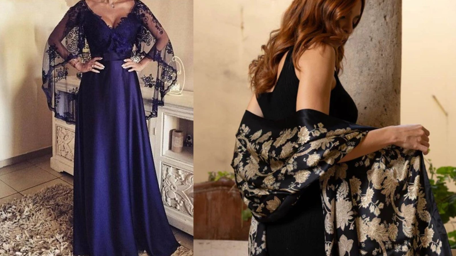 Two images of a woman, one wearing a black dress and the other in a blue dress, showcasing different styles.
