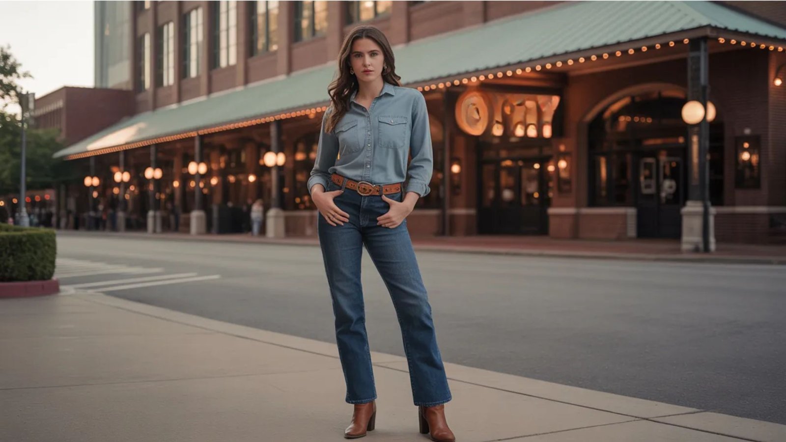 Casual-dressed woman standing on urban sidewalk.