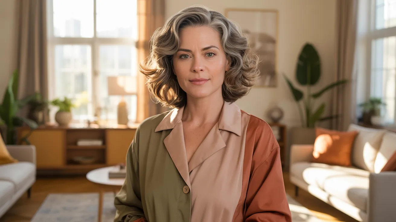 A woman is in a living room with a table, highlighting a stylish and welcoming atmosphere.