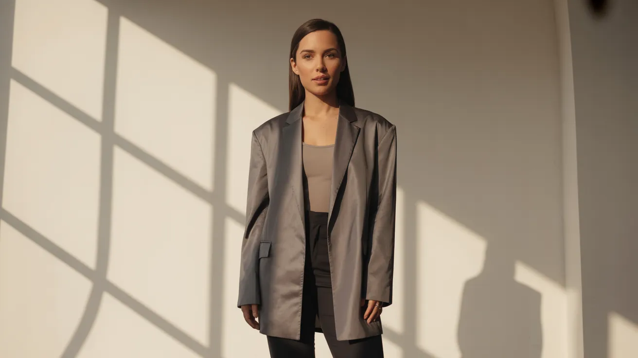 A woman in a gray blazer and black pants stands, representing a stylish and professional look.