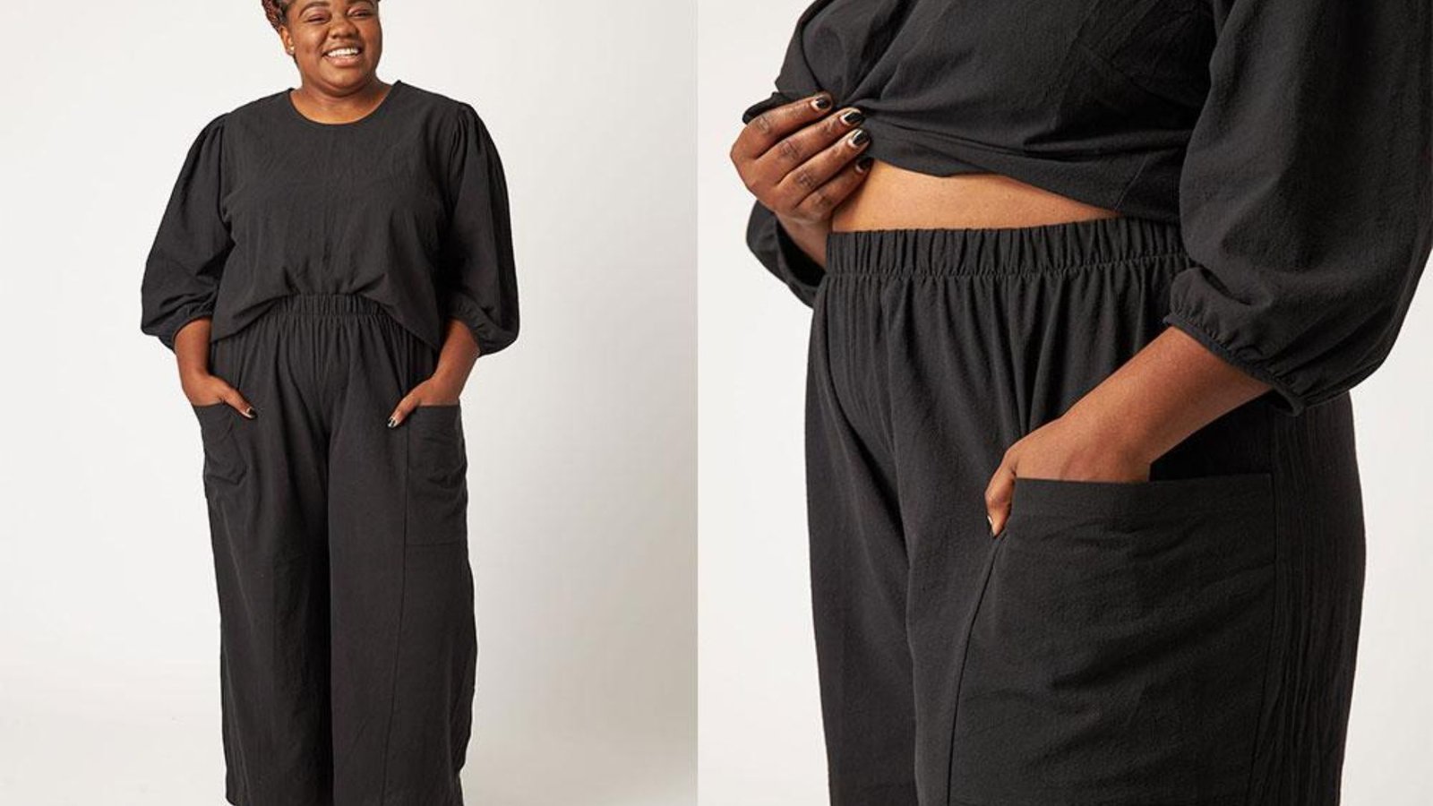 Two images of a woman wearing black pants and a black top, posing in different settings.