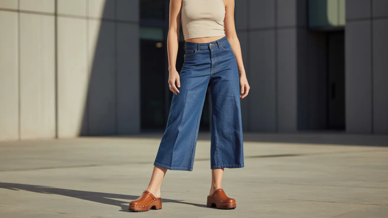 A woman in a crop top and wide-leg denim pants stands confidently, showcasing a casual and trendy outfit.