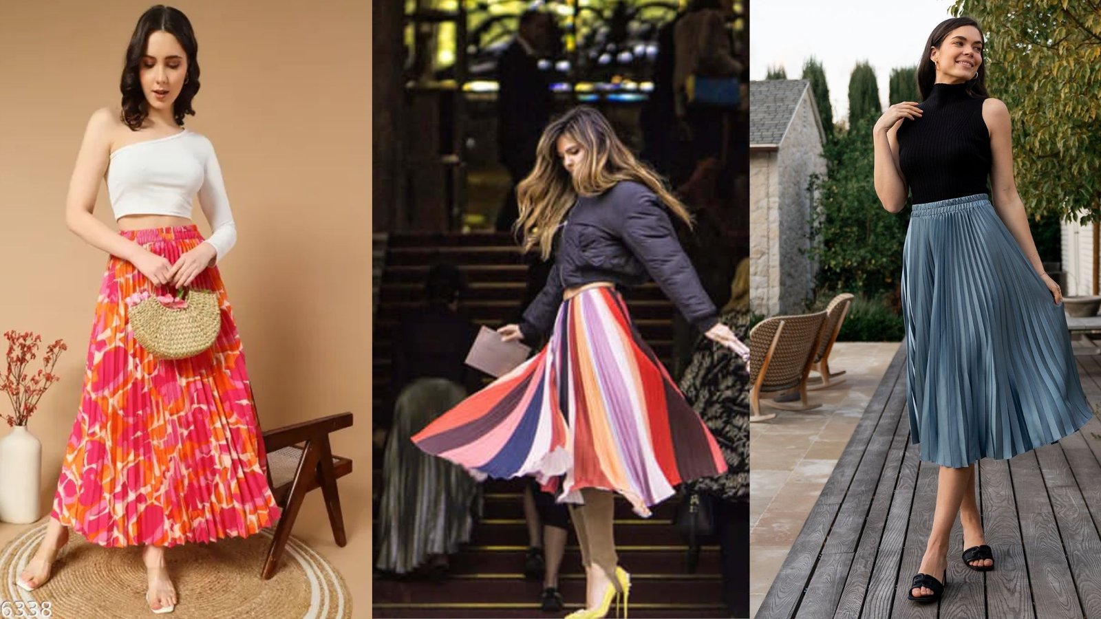  Four images of women showcasing various skirt styles, including casual, formal, and colorful designs.