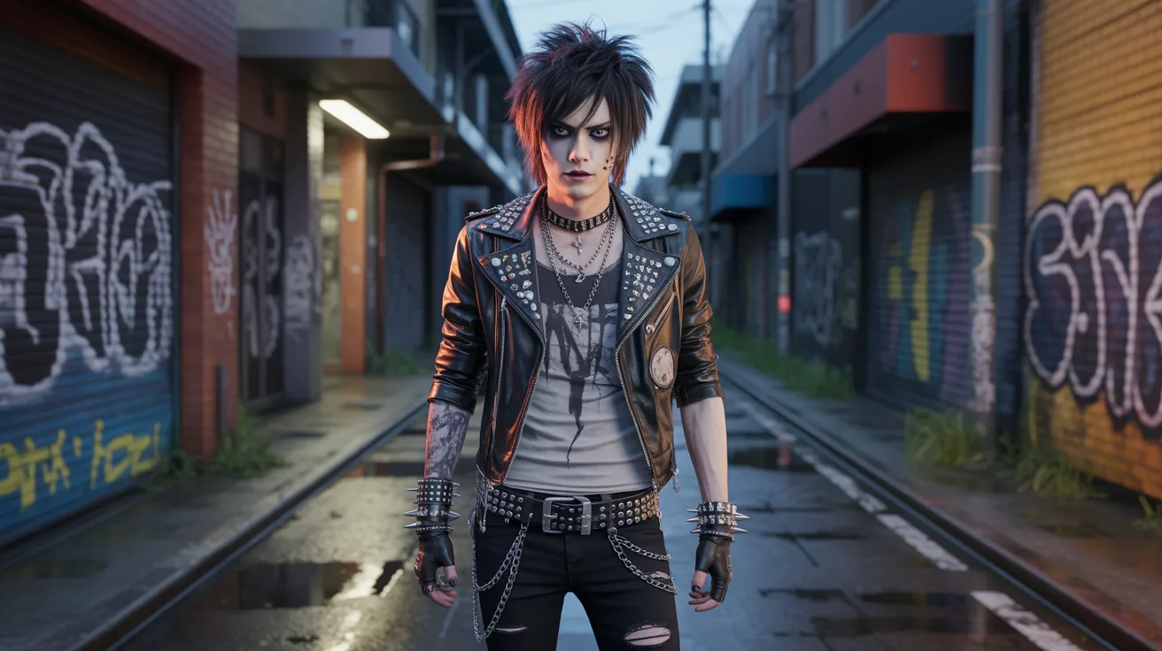 A young man in a leather jacket stands confidently in a dimly lit alley, surrounded by brick walls.