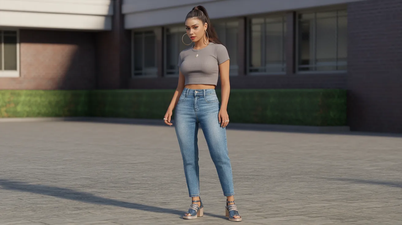 A woman in a crop top and jeans stands confidently on a city street, surrounded by urban scenery.
