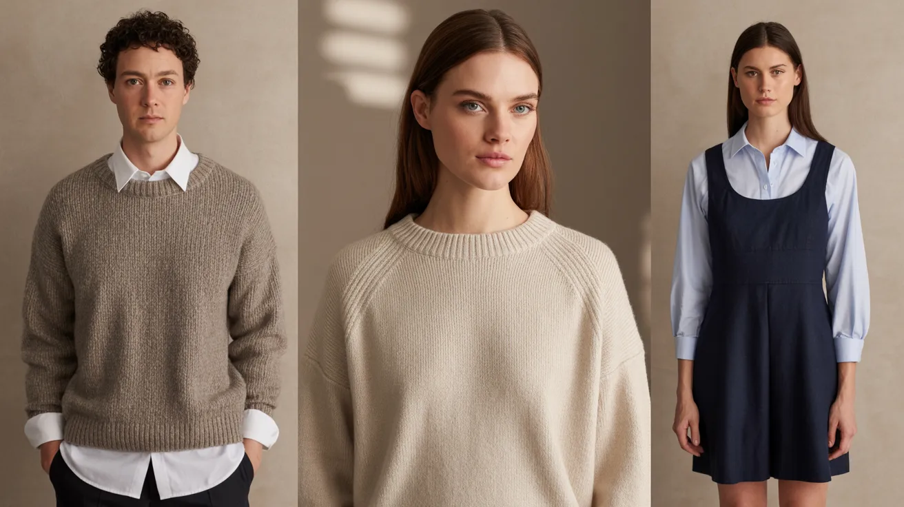 Four models showcase a variety of sweaters and dresses in different styles and colors.