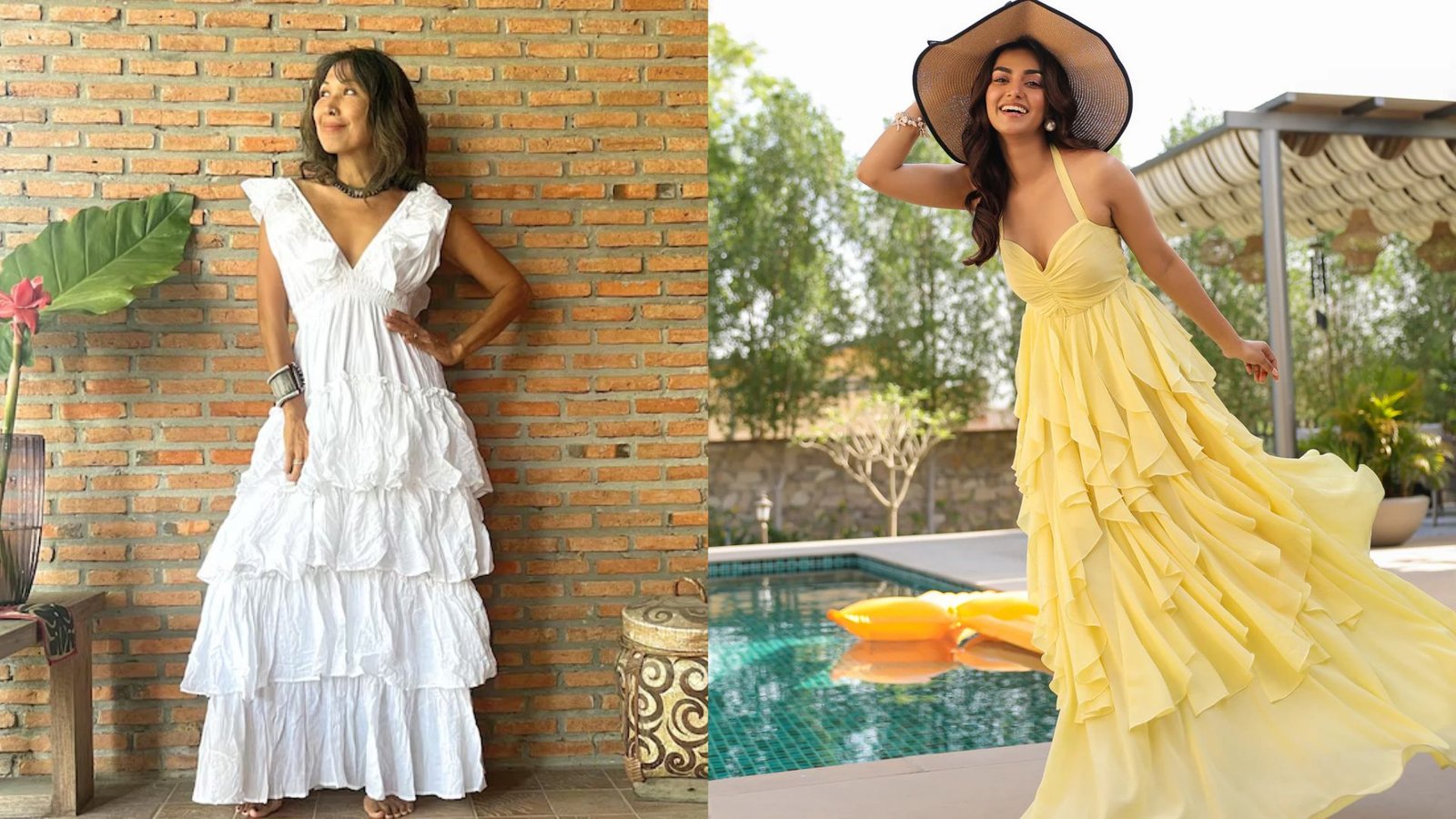 Two pictures display a woman in a yellow dress alongside a woman in a white dress, highlighting their styles and poses.