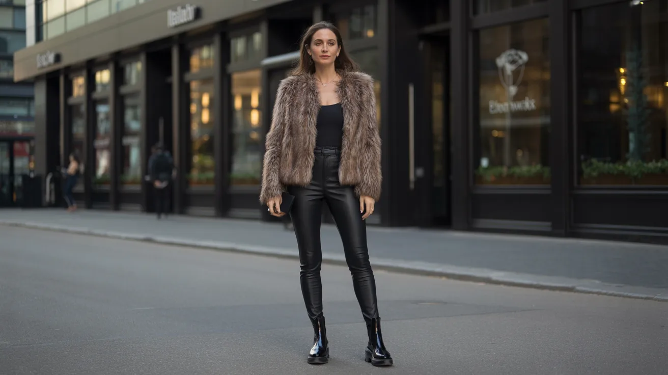 A woman wearing leather pants and a fur coat stands confidently, showcasing a stylish and bold fashion choice.