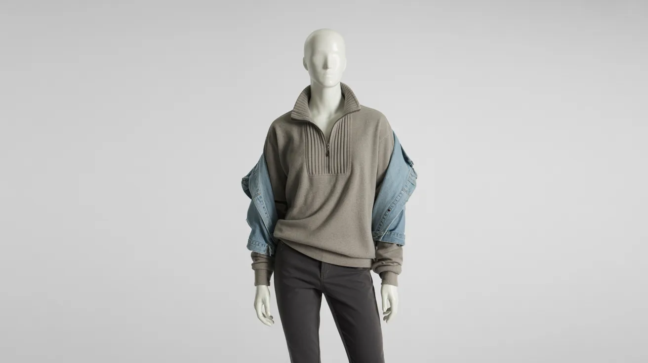 A mannequin dressed in a gray sweater and blue pants, showcasing a casual outfit.