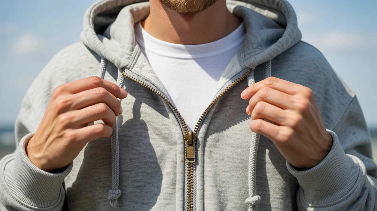  A man in a grey hoodie raises his hands, appearing surprised or excited.